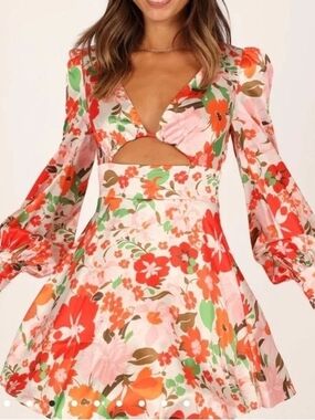 Petal & Pup Floral Mini Dress in Coral, Pink & Green Xs